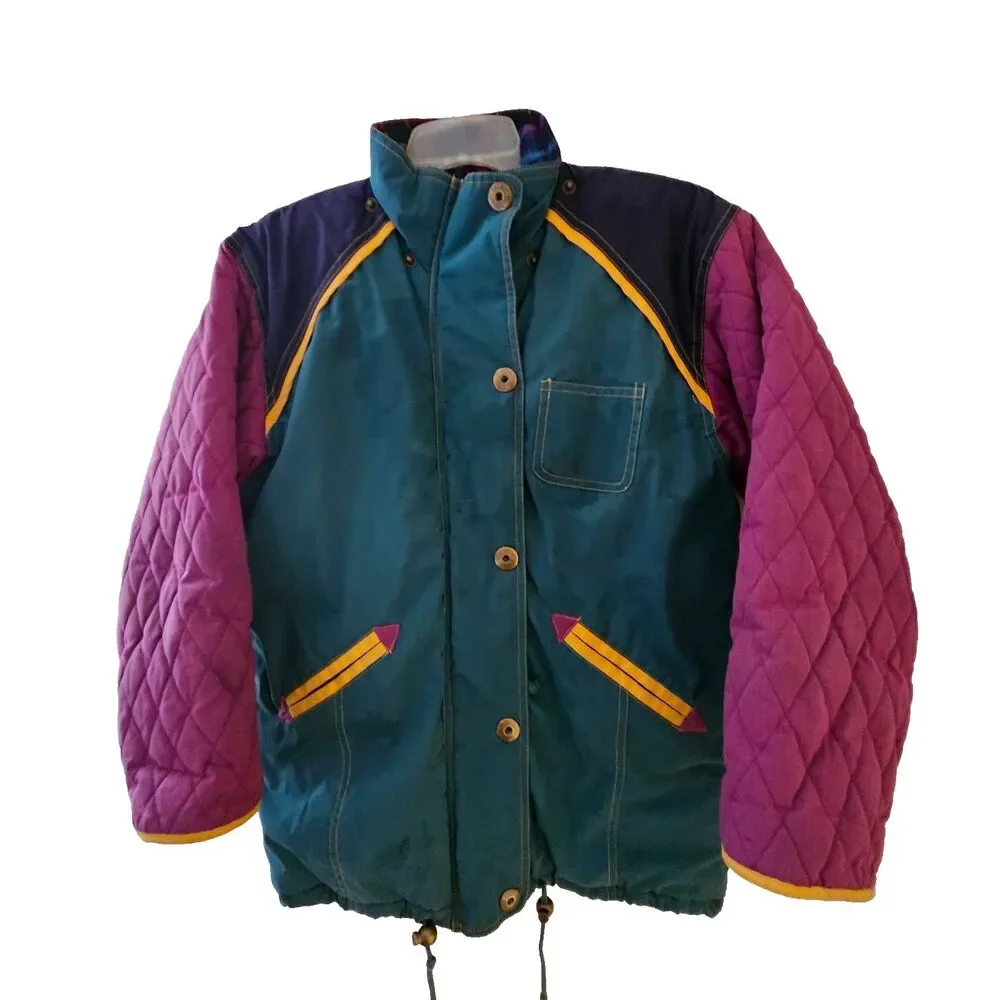 Andy Johns Kids Coat Girls M 10-12 Teal Front Plaid Back Purple Quilted Sleeves